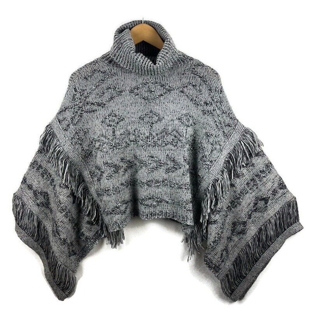 360 Cashmere Sweater Womens Large Gray Turtleneck Fringe Boxy Cropped
